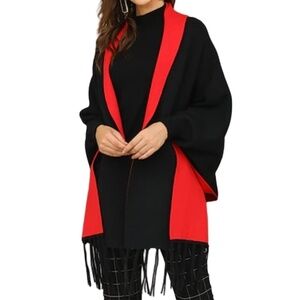 Black and Red Reversible Shawl Sweater Cape Open Poncho Fringe Tassels OS 4-14